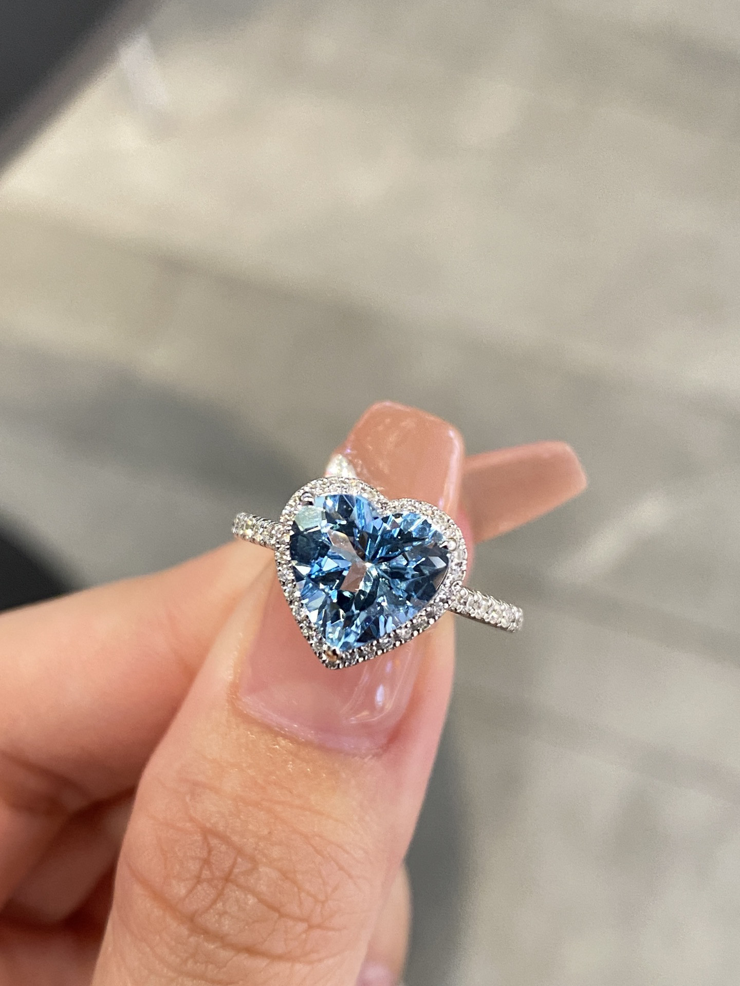 天然ダイヤモンド付きアクアマリンリングk18