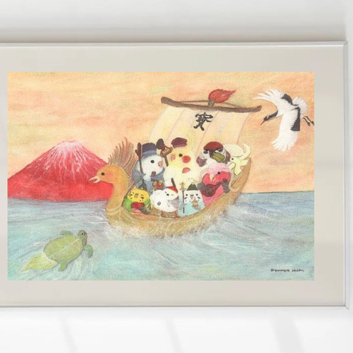 ポストカード3枚→A4サイズ1枚へ変更可能 『七福神インコ』 メッセージ