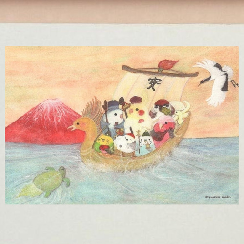 ポストカード3枚→A4サイズ1枚へ変更可能 『七福神インコ』 メッセージ