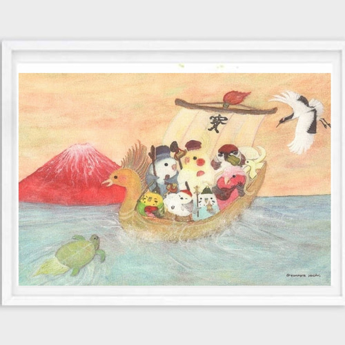 ポストカード3枚→A4サイズ1枚へ変更可能 『七福神インコ』 メッセージ