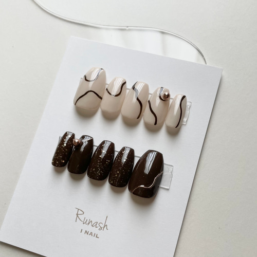 うねうねブラウン ネイルチップ うねうねネイル ブラウンネイル ニュアンスネイル ミラーネイル ネイル