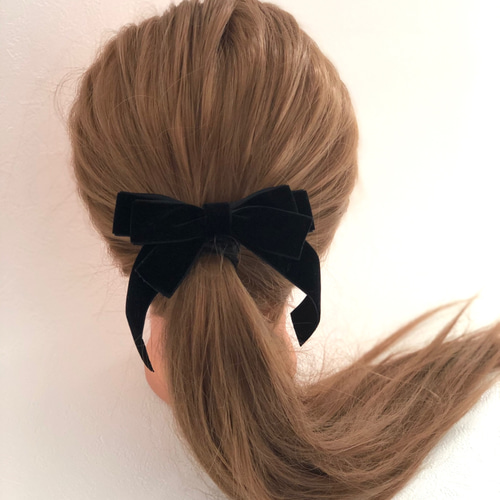 ベロアたらりんリボンヘアゴム シンプル ポニーテール 親子お揃い 秋冬