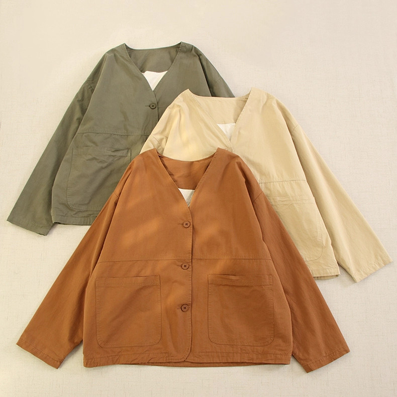 【秋新作★コットンジャケット★Ｖネック】暖色３カラー│肌寒い日│秋の温もり│カジュアルな森ガール風│T-57LB