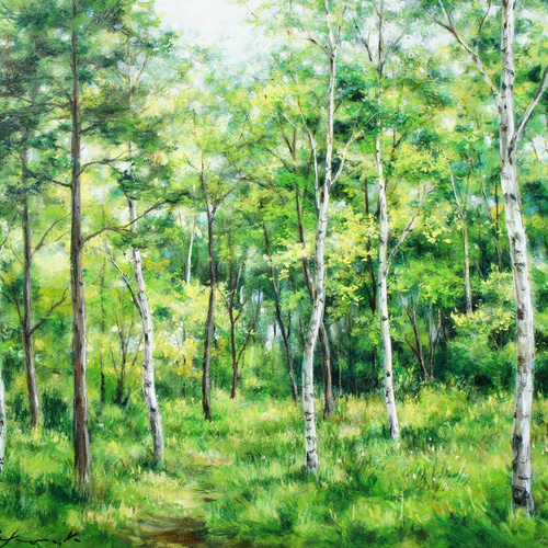 緑の木立」F8油彩 額付 送料無料 絵画 玲子.K 通販 18386699