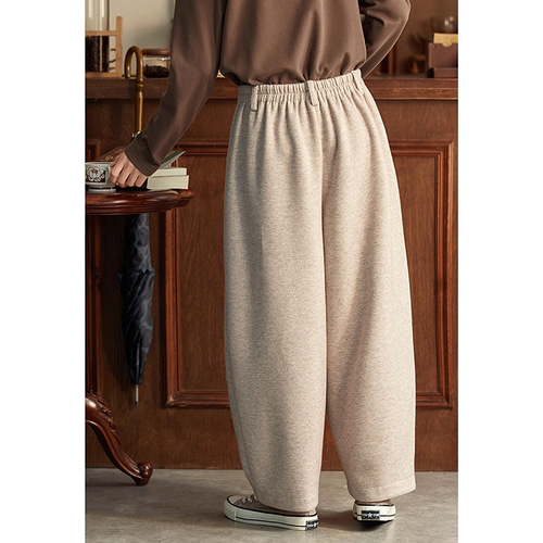 裏起毛ウール混紡パンツ 9分丈ゆとり暖かいパンツ ゴムウエスト