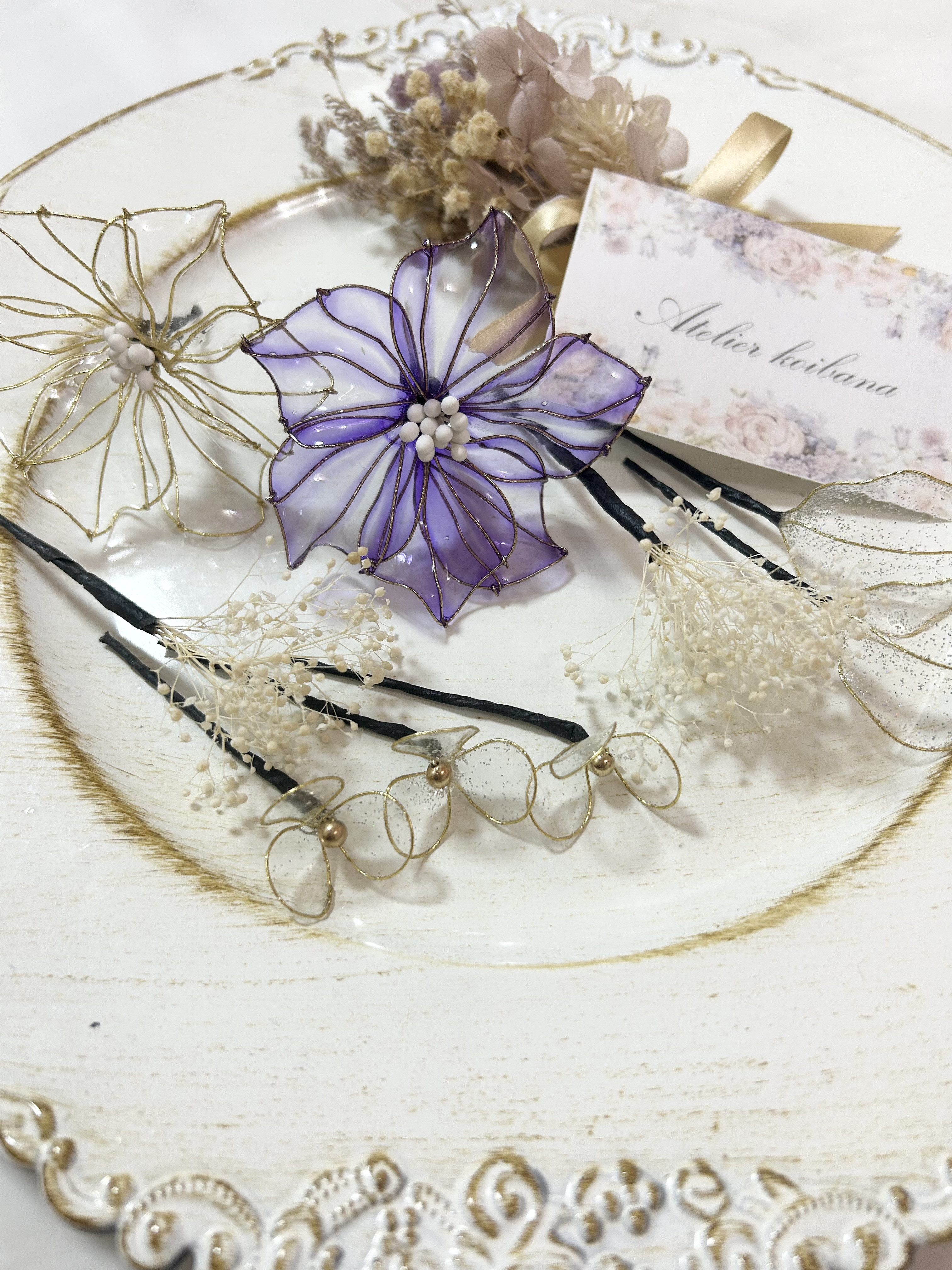 【clear✖️purple】送料無料　アメリカンフラワー　髪飾り　結婚式　成人式　卒業式　七五三