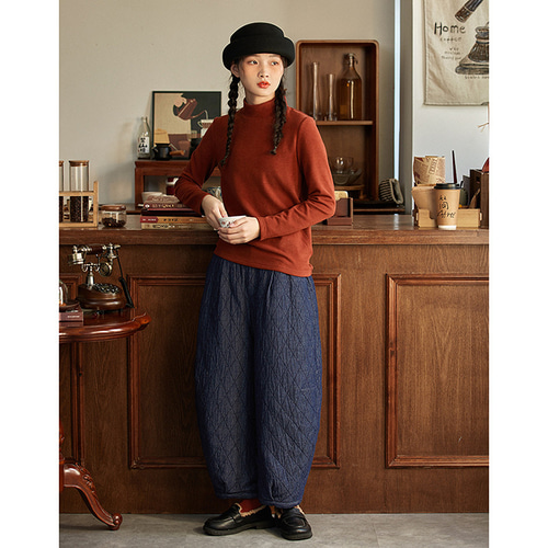 キルティング中綿パンツ 9分丈ワイドパンツ ゴムウエスト ブルー S-L