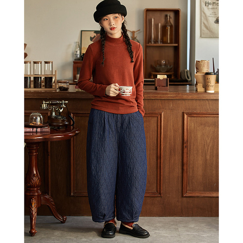 キルティング中綿パンツ 9分丈ワイドパンツ ゴムウエスト ブルー S-L