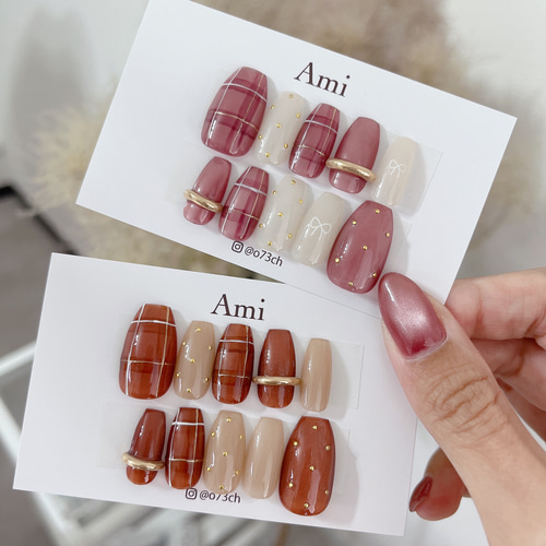 ネイルチップ＊enoi マロンマグネット チェック ドット ガーリー