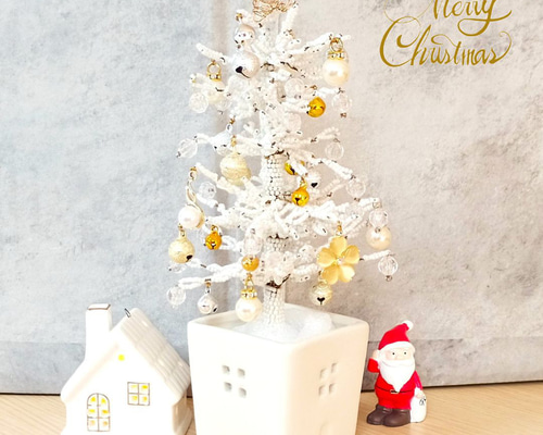 なつちゃん♡ ④クリスマスツリー  ゴールド モコモコホワイト♡ ホワイトクリスマスツリー 高さ23cm ゴージャスなホワイト＆ゴールド
