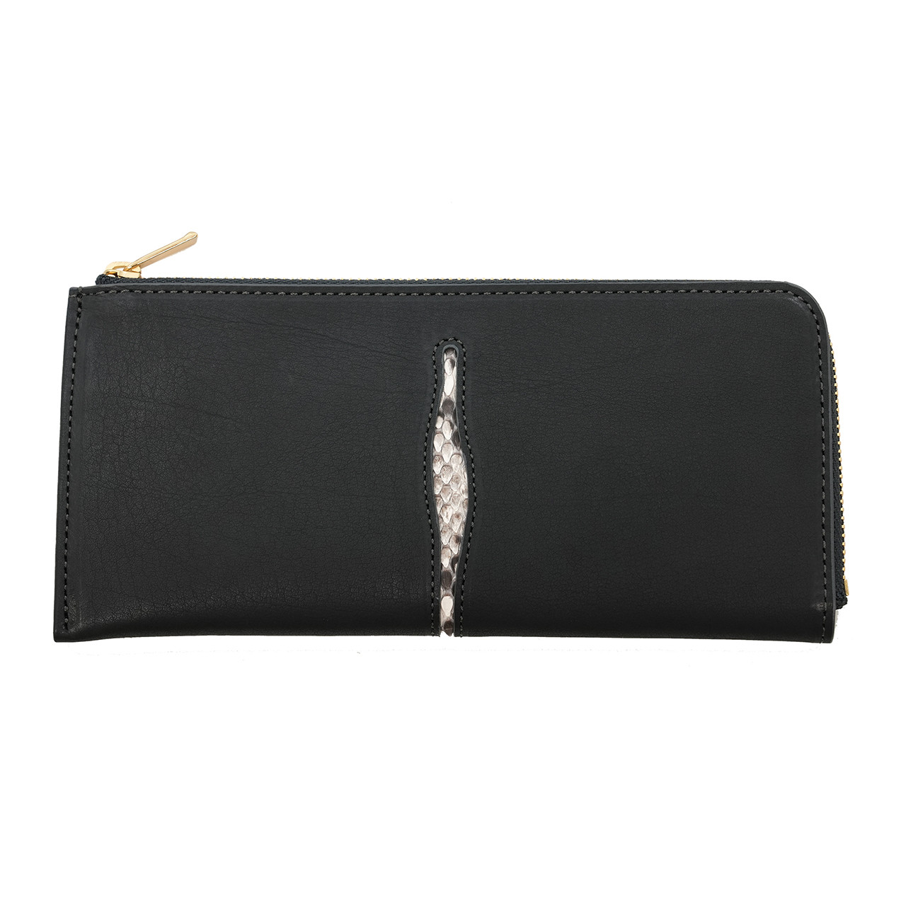 バッファローレザー 薄くて軽い L字ファスナー 切れ込みデザイン 長財布 （黒）切れ込み部分イタリアンパイソン