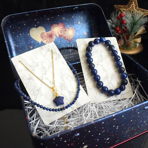 ラピスラズリetc.ブルーとグレーのブレスレット＆チャームセット