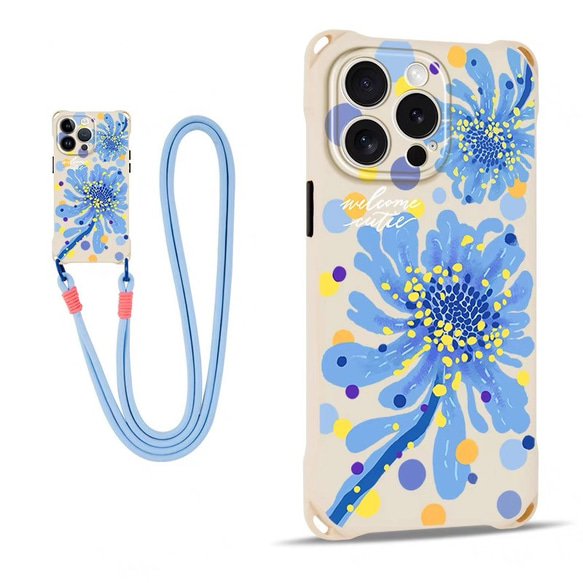 花柄 iphone ケース iPhone16/16pro/17 スマホケース 2way 水色 iPhone