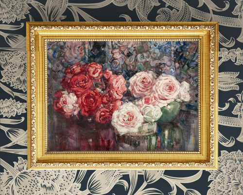 ラブリィな絵画　油彩画　エレガント　青　薔薇　インテリア　額付き　ゴージャス 薔薇の絵画アートポスター☆赤色ピンク色エレガント結婚式ゴージャス