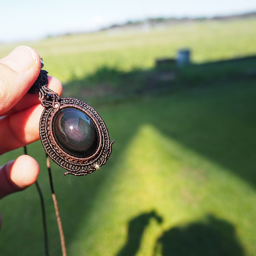 天然石マクラメ編みネックレス レインボーオブシディアン ネックレス