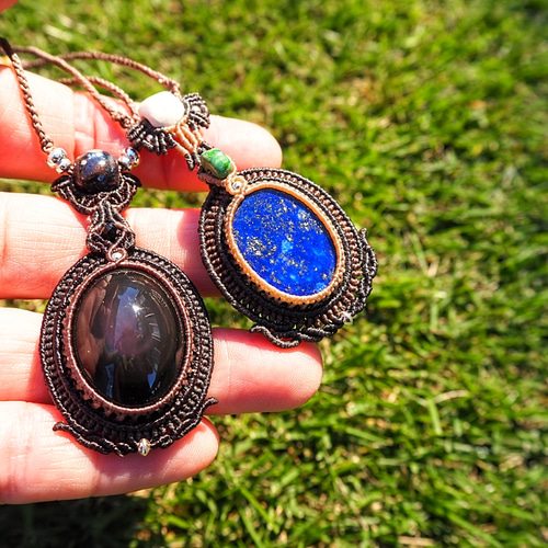 天然石マクラメ編みネックレス レインボーオブシディアン ネックレス