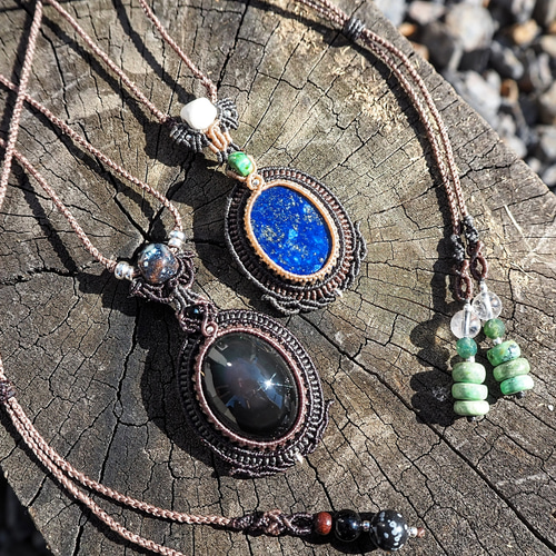 天然石マクラメ編みネックレス レインボーオブシディアン ネックレス