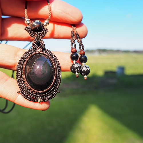 天然石マクラメ編みネックレス レインボーオブシディアン ネックレス