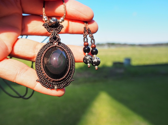 天然石マクラメ編みネックレス レインボーオブシディアン ネックレス