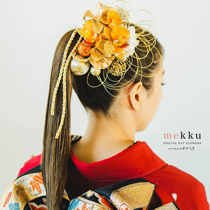 【即納】ちりめん胡蝶蘭 水引 和玉 かすみ草 和装 髪飾り/オレンジ[wa199]