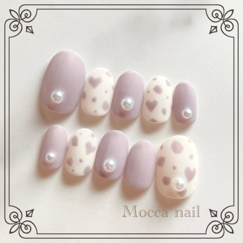 ハートダルメシアン くすみパープル ネイルチップ マット 秋冬ネイル  