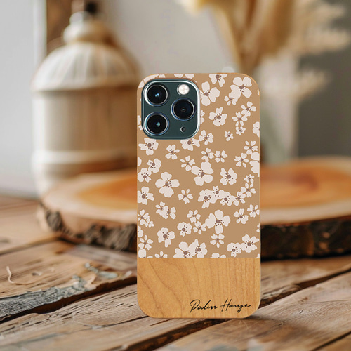 天然木♡名入れ♪ BEIGE RETRO HIBISUCUS iPhoneケース 花柄