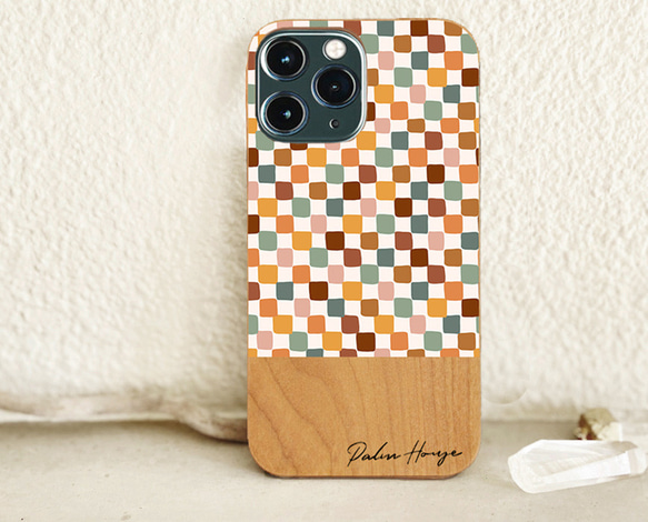 天然木♡名入れ♪ レトロカラーチェッカー カラフル iPhoneケース