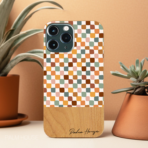 天然木♡名入れ♪ レトロカラーチェッカー カラフル iPhoneケース