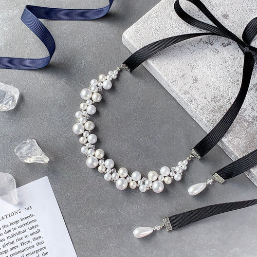 長さ調整自由/選べる2色】W..グログランリボン パール ネックレス  