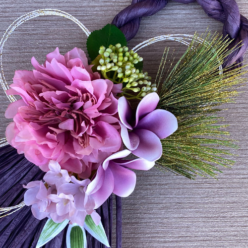 しめ縄リース、しめ縄飾り グラデピンク薔薇 （ピンク しめ飾り