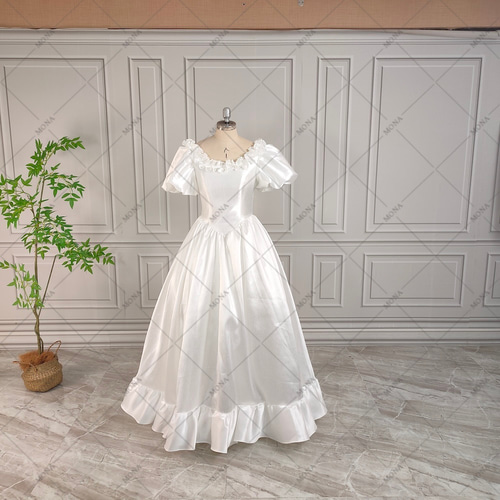 氣質 半袖 レトロ パフスリーブ クラシカル ウェディングドレス