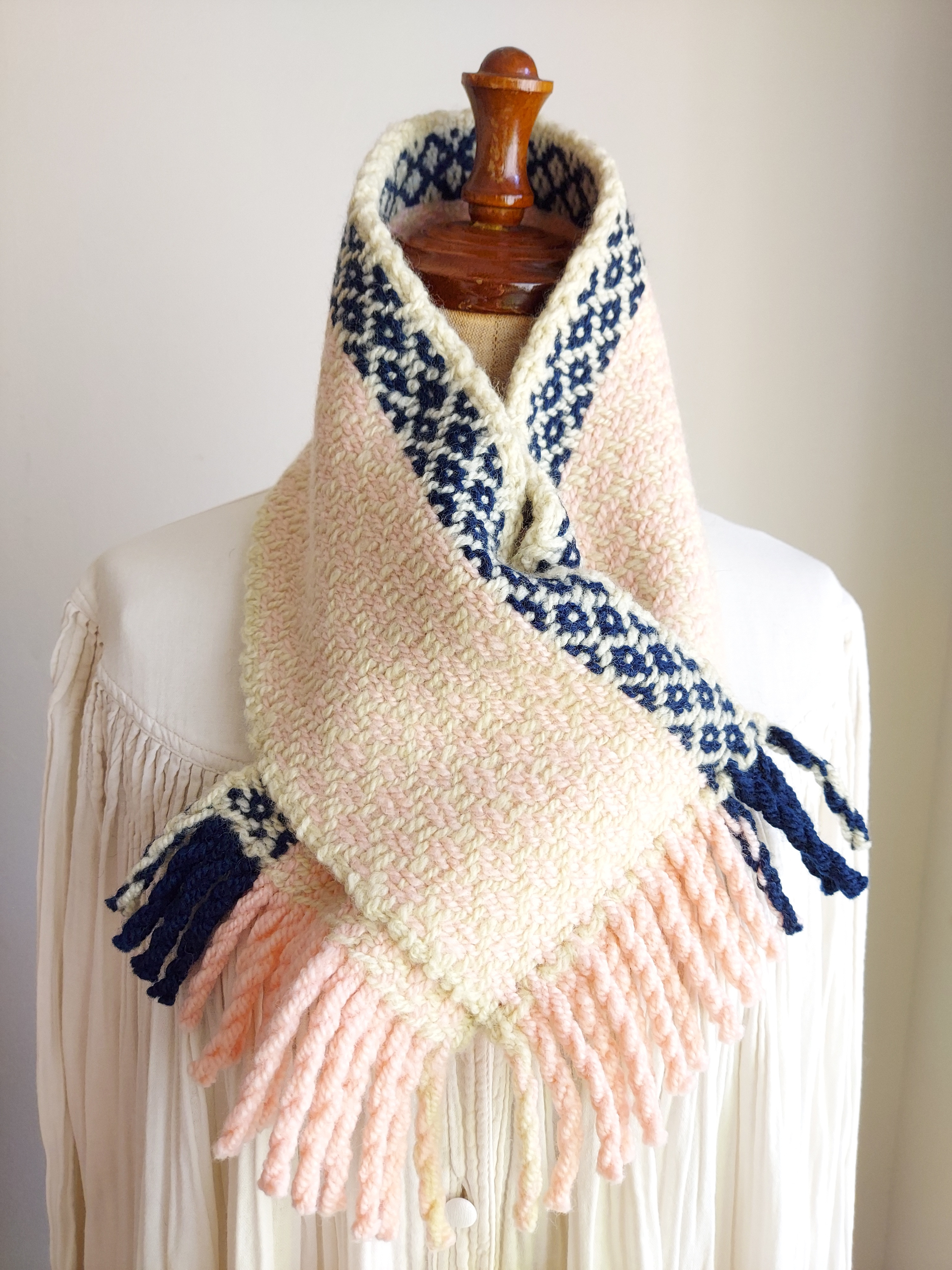 ホームスパン ちびマフラー　ピンク×紺