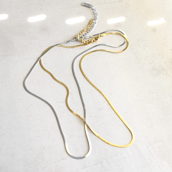 【金属アレルギー対応！】平リボン　ヘリンボーン柄　サージカルステンレスチェーン　約40+5cm 4枚目の画像