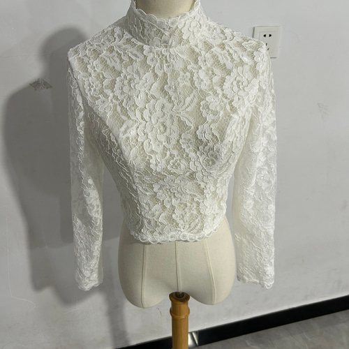 ボレロ 贅沢な小花総レース ハイネック 長袖 くるみボタン 花嫁  