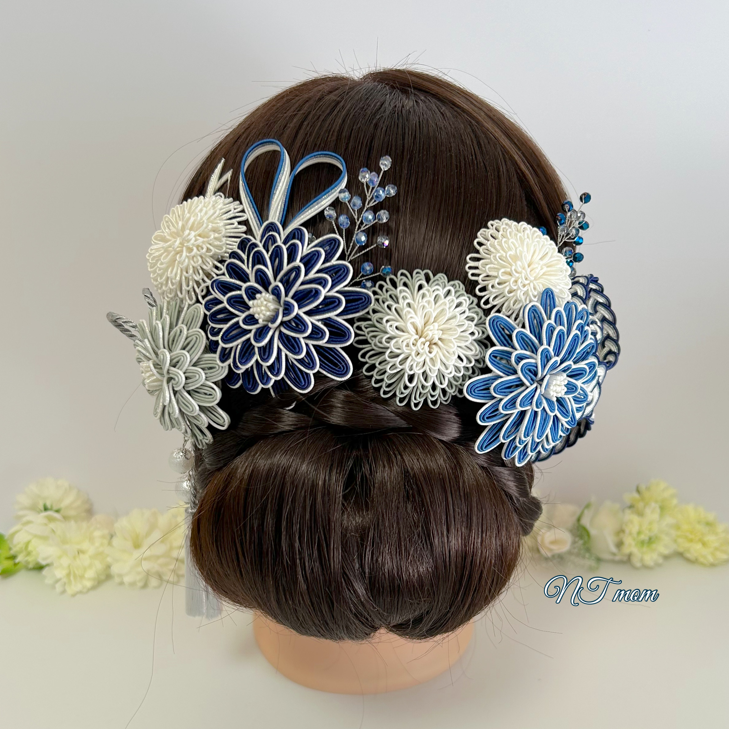 成人式結婚式卒業式・水引髪飾り12点セット・紺白グレー