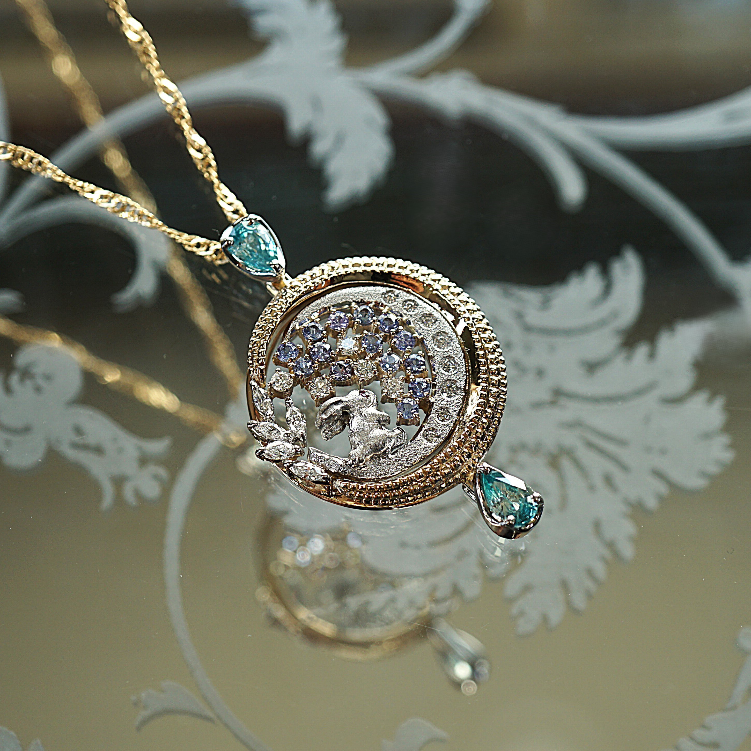 【受注製作】PT950×K10YG　月見うさぎの雫　ぺンダント <ヘッドのみ>