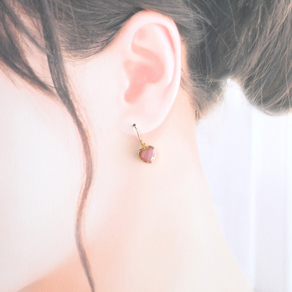 【限定数のみ・イヤリング変更可】小さなハート　ピンクオパール　フレーム　サージカルステンレスフックピアス 11枚目の画像