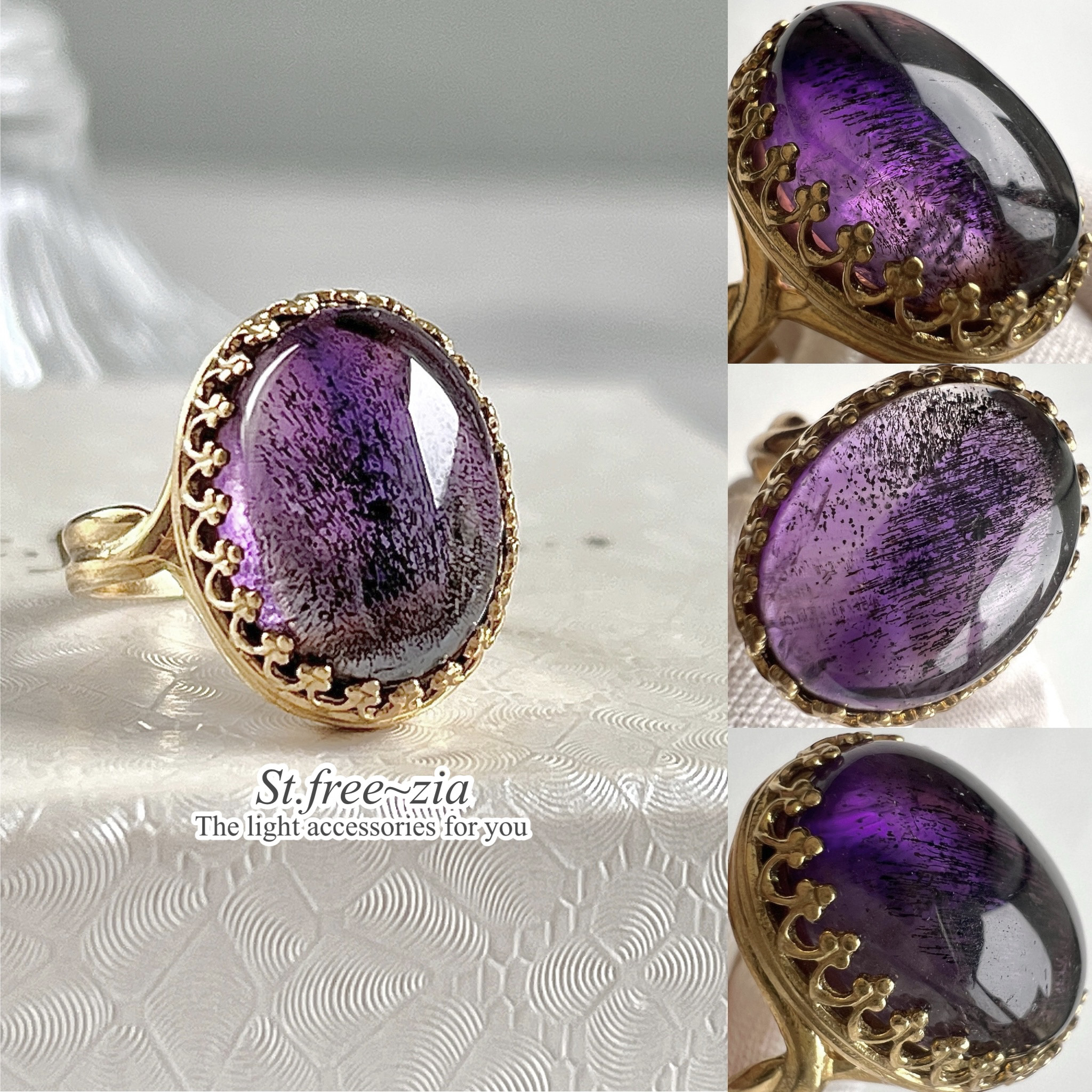真鍮☆大粒☆ザンビア産ゲーサイトインアメジスト☆10〜16号フリーサイズ☆15.7×11.5mm☆指輪☆天然石リング