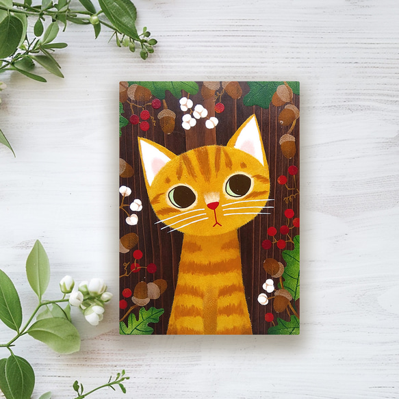 flat【手描き】“茶トラ猫と木ノ実”ウォールアートボード 絵画 edokolo