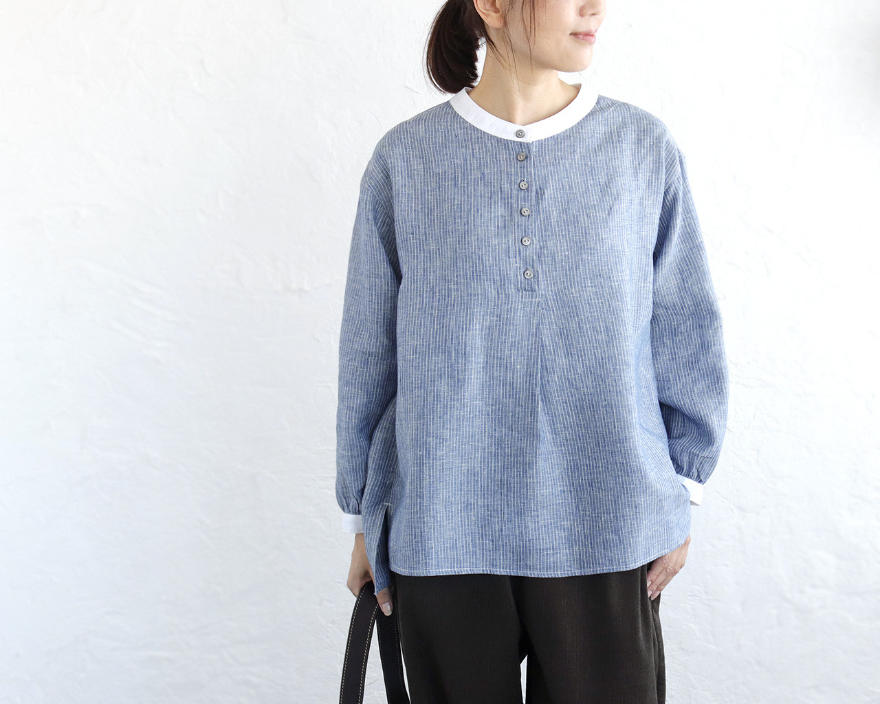爽やかに着こなす✦ リネンクレリックプルオーバーブラウス（ストライプブルー） （ストライプ/ブルー）TP12