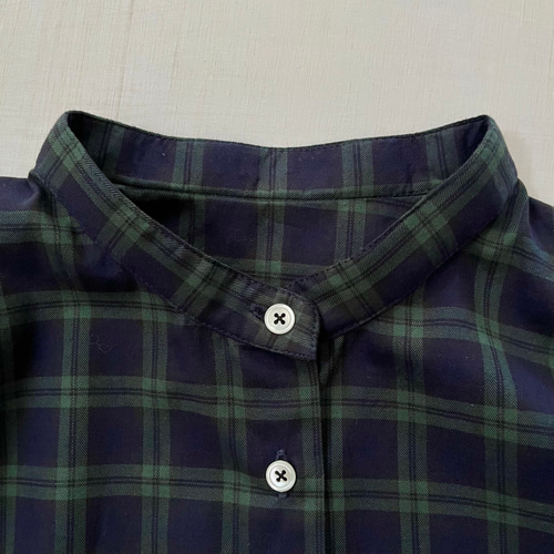 受注 播州織ブラックウォッチ S〜LL袖丈変更可バンドカラーワンピース