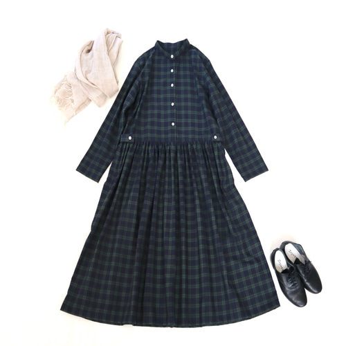 受注 播州織ブラックウォッチ S〜LL袖丈変更可バンドカラーワンピース