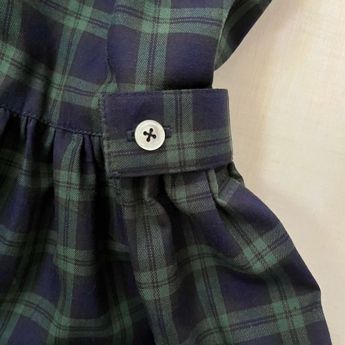 受注 播州織ブラックウォッチ S〜LL袖丈変更可バンドカラーワンピース