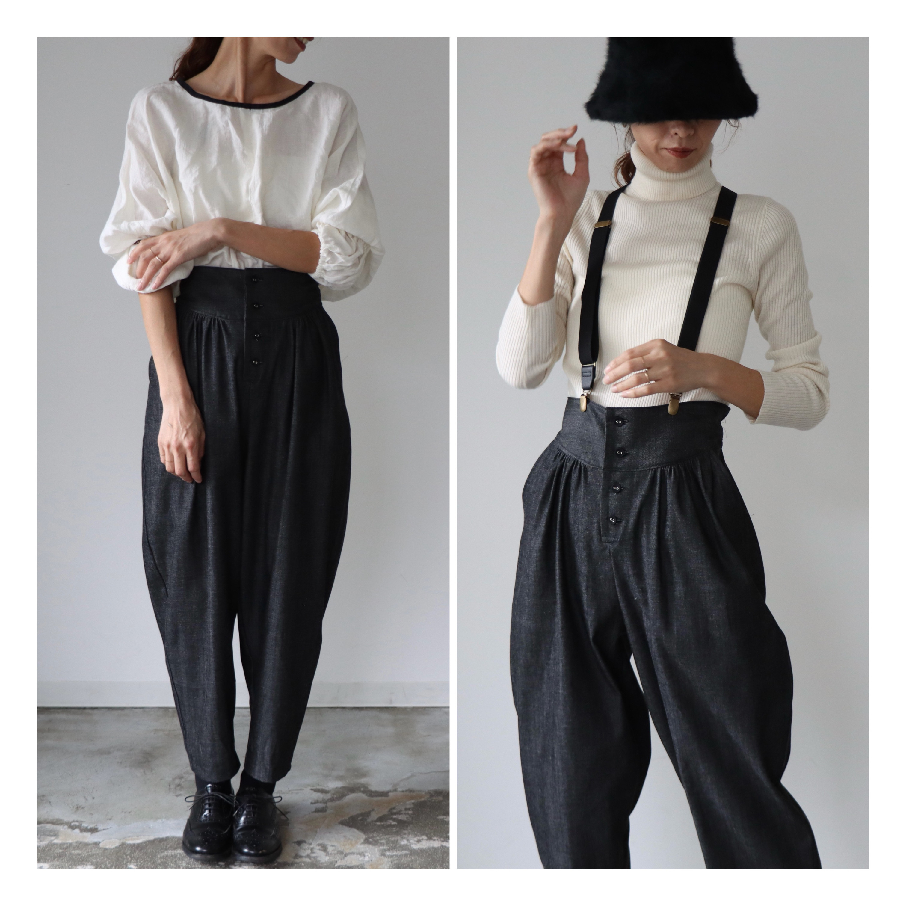 岡山児島デニムで魅せる、コクーンパンツ／8オンスくったりソフトデニムゆったりリラックスデニムパンツ／ブラックデニム