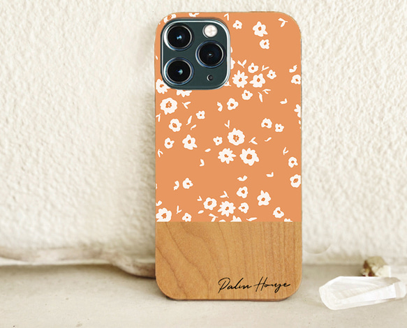 天然木♡名入れ♪ ORANGE RETRO FLOWER iPhoneケース スマホケース