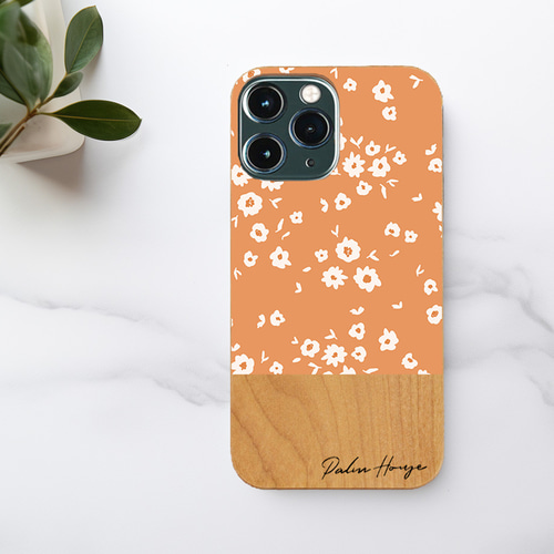 天然木♡名入れ♪ ORANGE RETRO FLOWER iPhoneケース スマホケース