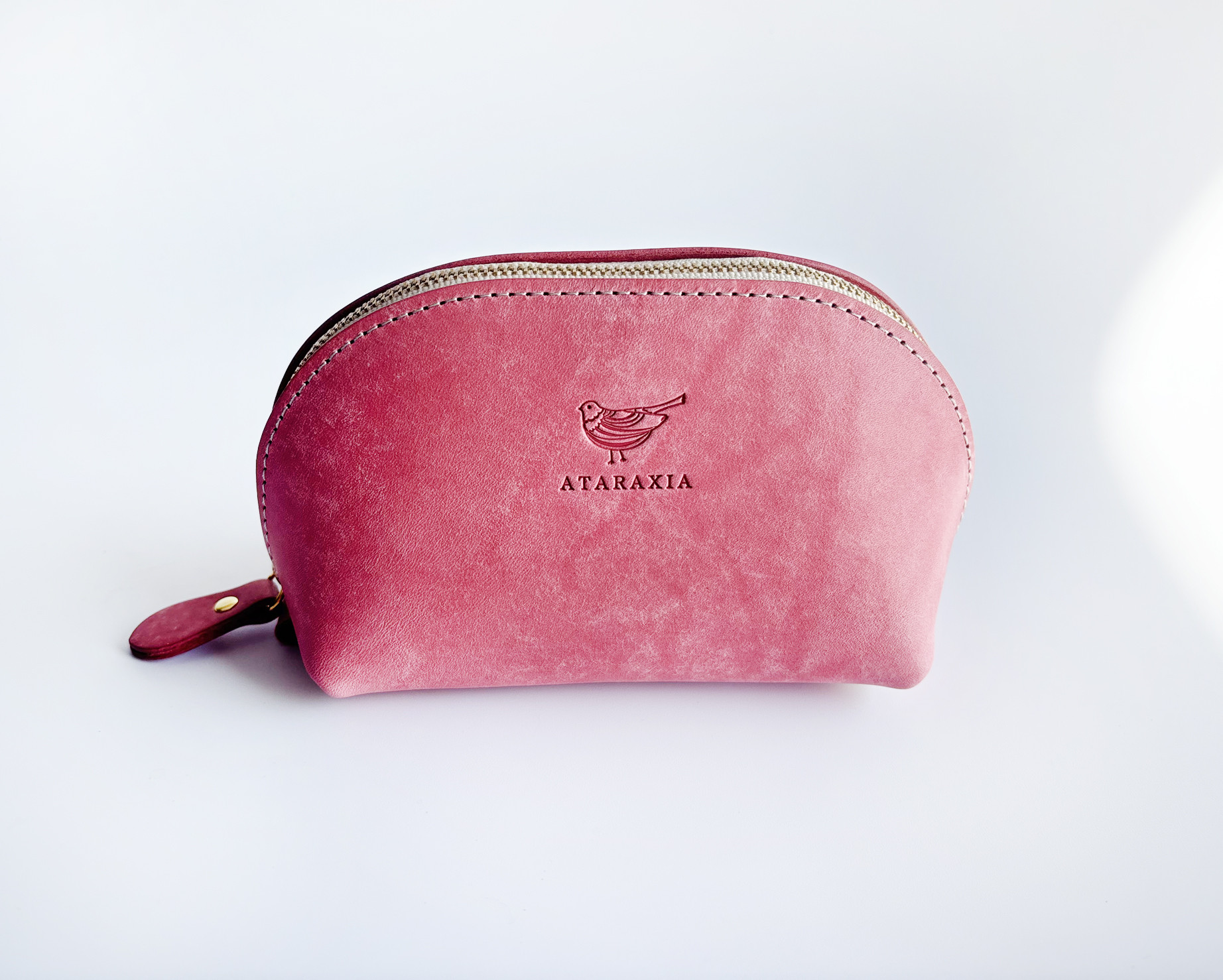 ふっくらレザーポーチ　コーラルピンク（イタリアンレザー　MAYA）バッグインバッグにも☆　化粧ポーチ