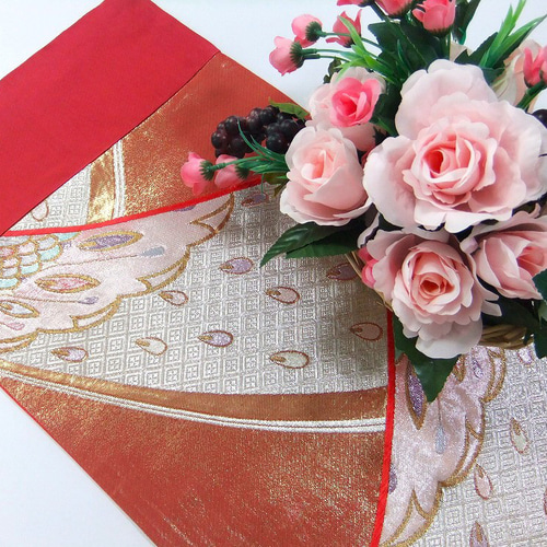 16)2063】75.5cm/抽象的羽文様/テーブルセンター/和風/帯リメイク/日本  