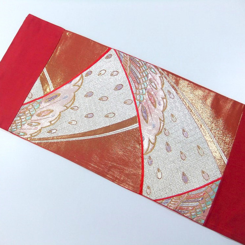 16)2063】75.5cm/抽象的羽文様/テーブルセンター/和風/帯リメイク/日本  