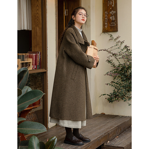 ウールロングコート ツイード生地ウールロングコート 2WAY襟 ブラウン